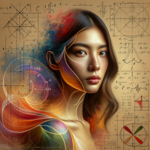 Abstract, minimalist, painting, with pencil line, paint stroke, gestures, colorful marks, mathematical equations, electrical cardiogram, printouts complex math formulas, dna asian teen girl