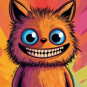 Stylized character portrait of a mischievous designer toy creat...