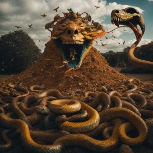 Snakes flying out the mouth of skeletons