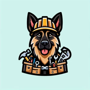 make a german shepard having a tool bet and a construction hat