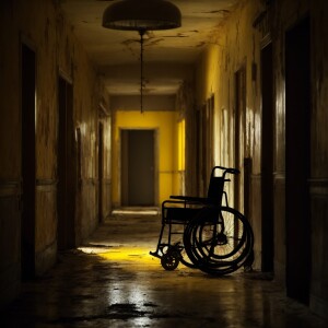 Visualize a long, dimly lit corridor of a deserted asylum, with...