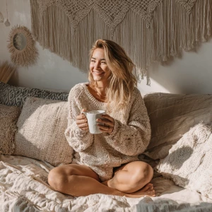 Realistic scene of a smiling young woman holding an 11oz glossy...