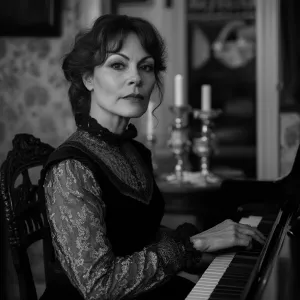 Generate a vintage-style black and white photograph of a 40 year...