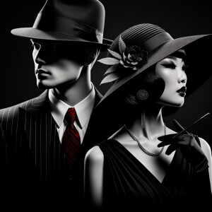 A glamorous 1920s lady and man, black and white silhouette style with red highlights, she is wearing a wide brim hat and sleek black dress. He is wearing a gangster hat. Show head and shoulders only. Black background