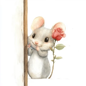Mouse peeking around the doorway, watercolor, holding and smelli...