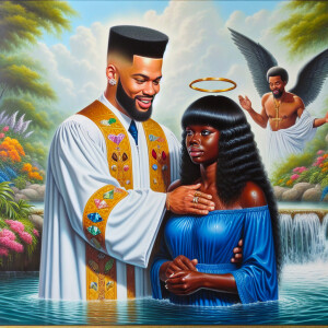 An oil painting depicting a light-skinned African-American pasto...