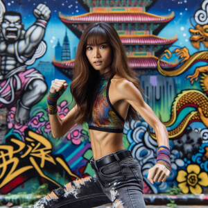 Athletic Thin skinny Attractive, Asian teenage girl, long brown hair and bangs, wearing tight skinny jeans and a halter top paint marks on her clothing, heroic pose Asian graffiti background