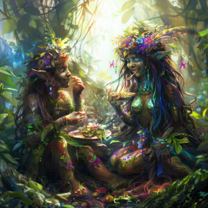 cute young glowing glittery male and female elf fairy earth trol...