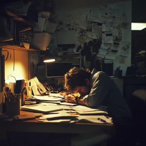 A weary small business owner slumped over a messy desk strewn wi...