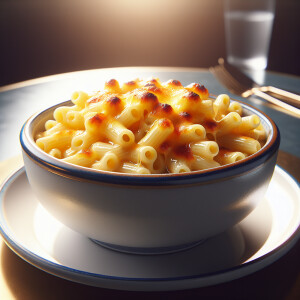 Make a bowl of macaroni with gooey cheese restaurant style