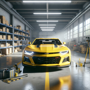 a yellow chevrolet camaro is parked in a garage, a 3D render by...