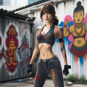 Athletic Thin skinny Attractive, Asian teenage girl, long brown hair and bangs, wearing tight skinny jeans and a halter top paint marks on her clothing, heroic pose Asian graffiti background