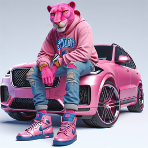 Create a colorful/psyscadelic character of pink panther wearing...