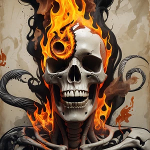 A  skull face emerging from a flame, half alive and half burning...