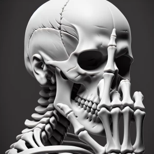 3d bas relief of a skeleton, holding his hand in front of his fa...