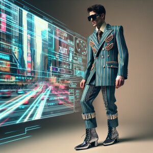 Male in a zuit suit with pin stripes, a futuristic look, sparkly...
