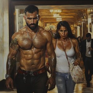 Hyperrealistic painting 1:1.A sweaty beefy muscular man criminal...