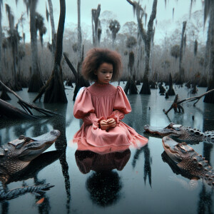 a young child in close proximity to three alligators in a swampy...