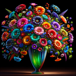 A vibrant and whimsical bouquet of glossy, multicolored flowers, each petal radiating joy in a spectrum of red, pink, blue, purple, orange, and yellow hues, assembled in a reflective, curved glass vase. The stems and leaves are rendered in rich, lifelike greens, contrasting beautifully with the brightly hued petals. The vase, positioned on a dark surface, holds a magical arrangement where the lower half is filled with layers of sparkling, jewel-toned crystals, creating a rainbow gradient from green to blue to fiery orange. Each flower seems to have a character of its own, contributing to a cheerful and enchanting composition that exudes the essence of a dreamy, enchanted garden.