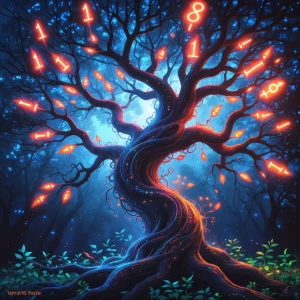 A spectrally shimmering binary tree creature, twisting and turni...