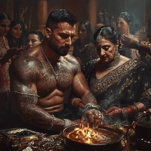 Create a hyper-realistic image of a muscular, tattooed man with...