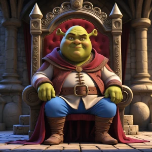 Create a digital portrait of Lord Farquaad, the antagonist from the Shrek film series, capturing his distinctive medieval attire, pompous expression, and short stature while sitting on his extravagant throne in Duloc Castle.