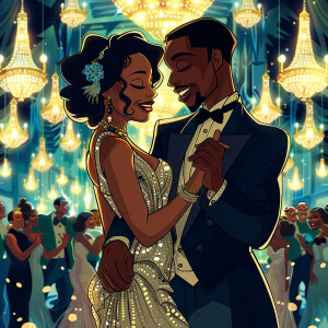 Create a vibrant cartoon illustration of an Afrocentric couple i...