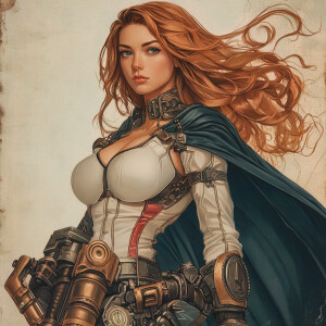 illustration, future, muscles, cape,  hero, steampunk, long hair...