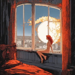 Prompt: A slender, beautiful woman with flaming red hair looks o...