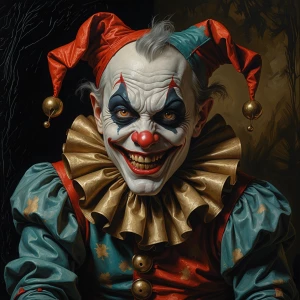 An eccentric figure in a gothic oil painting, a peculiar jester...