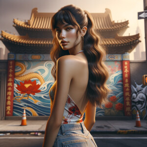 Athletic Thin skinny Attractive, Asian teenage girl, long brown hair and bangs, wearing tight skinny jeans and a halter top paint marks on her clothing, heroic pose Asian graffiti background, backside view