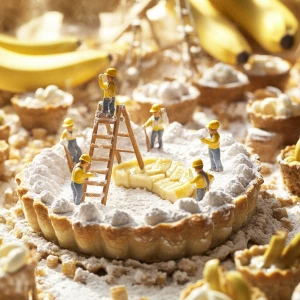 "A whimsical miniature world where tiny workers in yellow helmet...