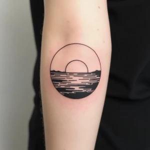 Fine line black ink tattoo of a sunrise over water in a circle