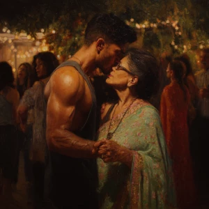 hyperrealistic painting .a muscular, sweaty Indian man standing...