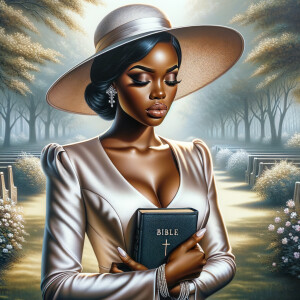 Render an airbrush oil painting of an African American woman with flawless makeup in a
contemplative pose, holding a Bible close to her heart, dressed in an elegant Sunday Best
outfit with a distinctive Church Hat. The background features a peaceful church garden,
with light filtering through the trees, highlighting her spiritual connection and the personal
moment of reflection. The artwork should capture the tranquility of the scene, the beauty
of her attire, and the depth of her contemplation, reflecting a serene and spiritually