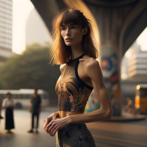 Athletic Thin skinny Attractive, Asian teenage girl, long brown hair and bangs, wearing tight skinny jeans and a halter top paint marks on her clothing, heroic pose Asian graffiti background, side view