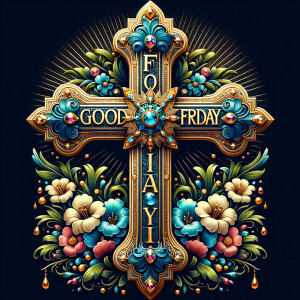 Create an image of a majestic cross, larger in size, with a harm...