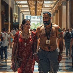 Photorealism,.A sweaty beefy man walking with his 54 year old ka...