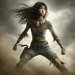 Skinny and thin Asian teen girl wearing skin tight jeans that are worn and frayed, long hair and bangs heroic ready to fight stance