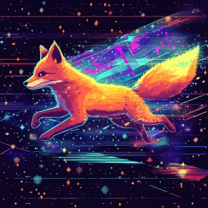 A radiant galactic fox leaping across a neon starfield, trailing...