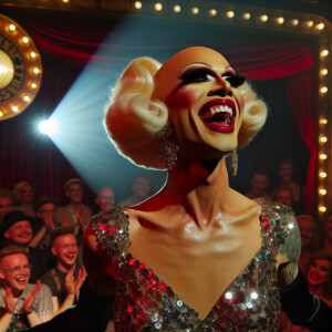 Balding drag queen performing Burlesque on the stage