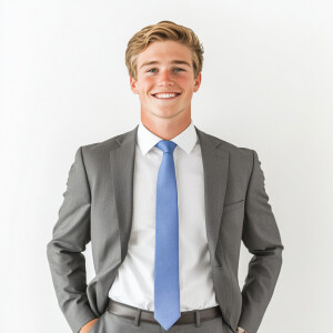 A man wearing a suit.

The Suit Color is gray 

The Tie Color is...