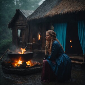 Soaked Wench at a pirate hideaway siting by a fire on a rainy da...