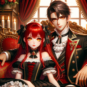 Lilith as a girl with elegant gothic lolita dress sit on the lap of handsome lucifer, the girl has red hair and golden eyes, thrones, red elegant luxury background