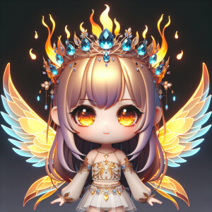A cute 3d  chibi girl with cute wings and glowing eyes and fire...