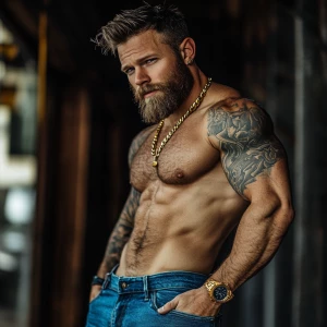 photograph of a muscular, attractive, white man with a full bear...