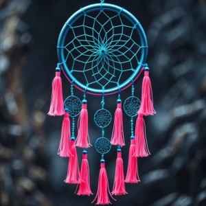a  metallic blue dream catcher with neon pink tassels at the bot...