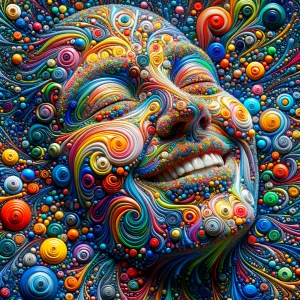 Create a 3D 8K UHD image of a large smiling face composed of fre...