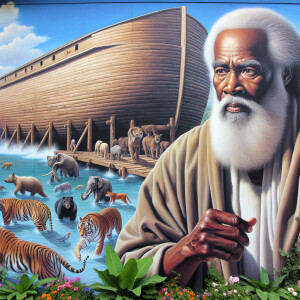 A close-up and detailed wall painting focusing on Noah, depicted...
