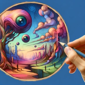 Vivid, surreal landscape reminiscent of a dream, featuring disto...